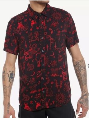 Social Collision Ancient Monsters Allover Print Button-Up Grunge Goth Black XL
